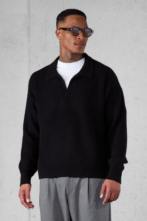 BLACK OVERSIZED KNIT POLO SWEATER