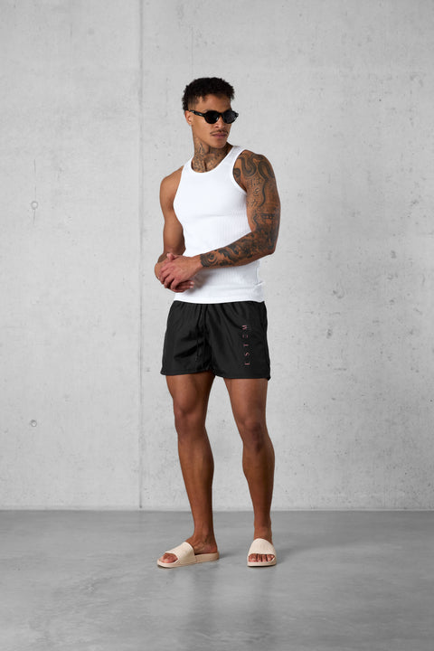 BLACK BURNTCORAL VERTICAL SWIMSHORTS