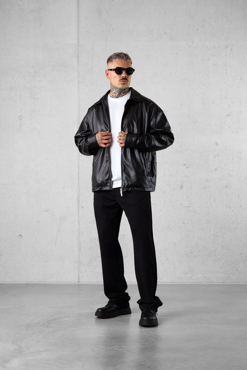 BLACK VEGAN LEATHER OVERSIZED JACKET