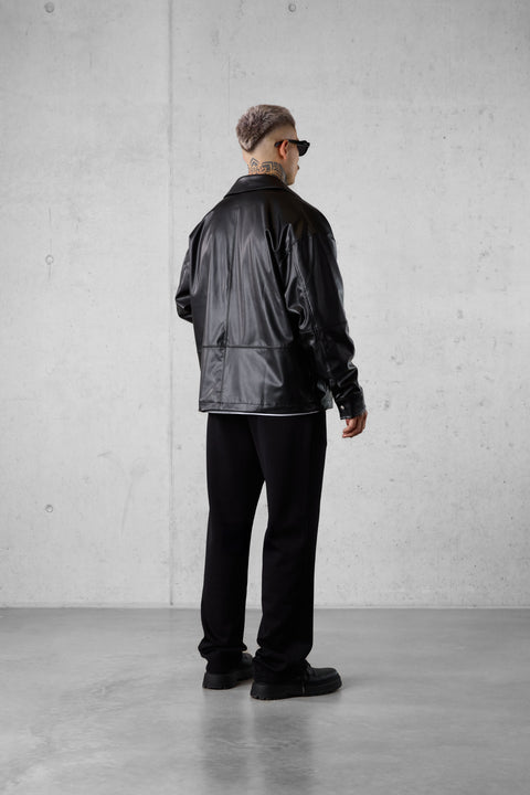 BLACK VEGAN LEATHER OVERSIZED JACKET