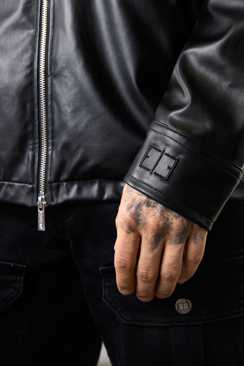 BLACK VEGAN LEATHER OVERSIZED JACKET