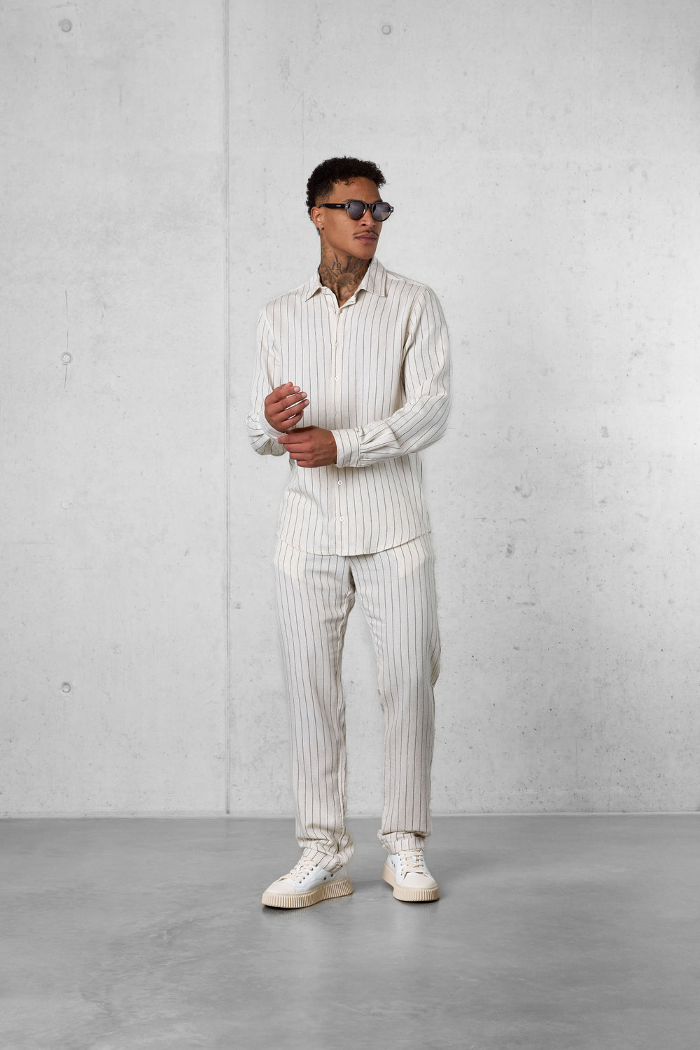 ECRU STRIPED LINEN PANTS
