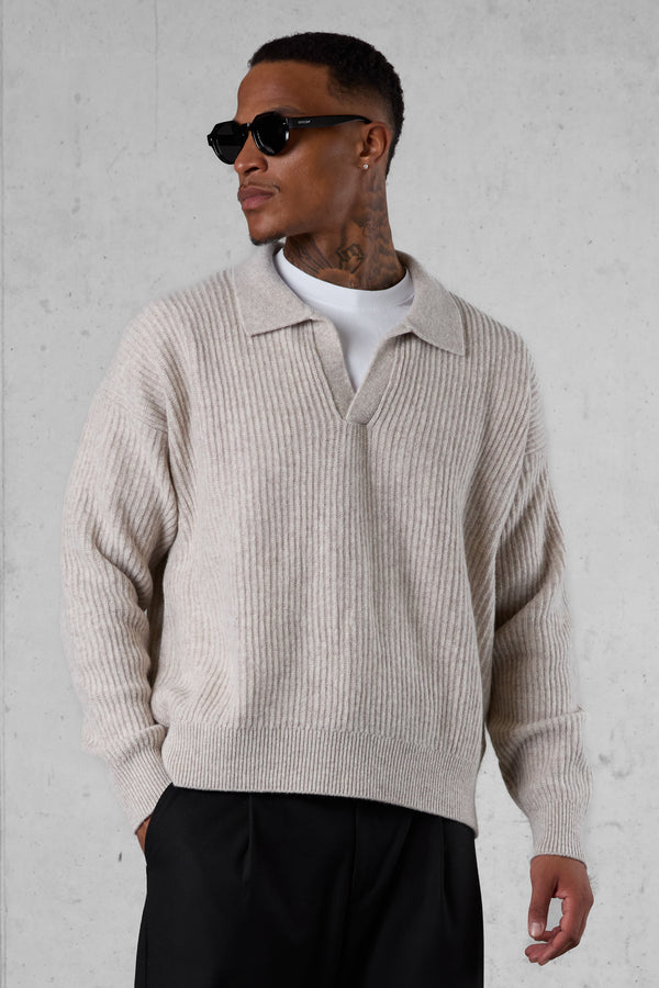 GREIGE OVERSIZED KNIT POLO SWEATER