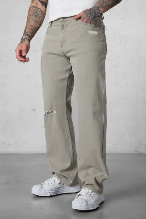 WASHED OLIVE DESTROYED STRAIGHT JEANS