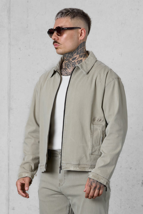 WASHED OLIVE DESTROYED JEANS JACKET
